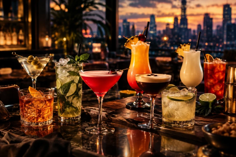 I cocktail più famosi al mondo sul bancone di un bar al tramonto: Dry Martini, Mojito, Espresso Martini, Piña Colada e altri grandi classici
