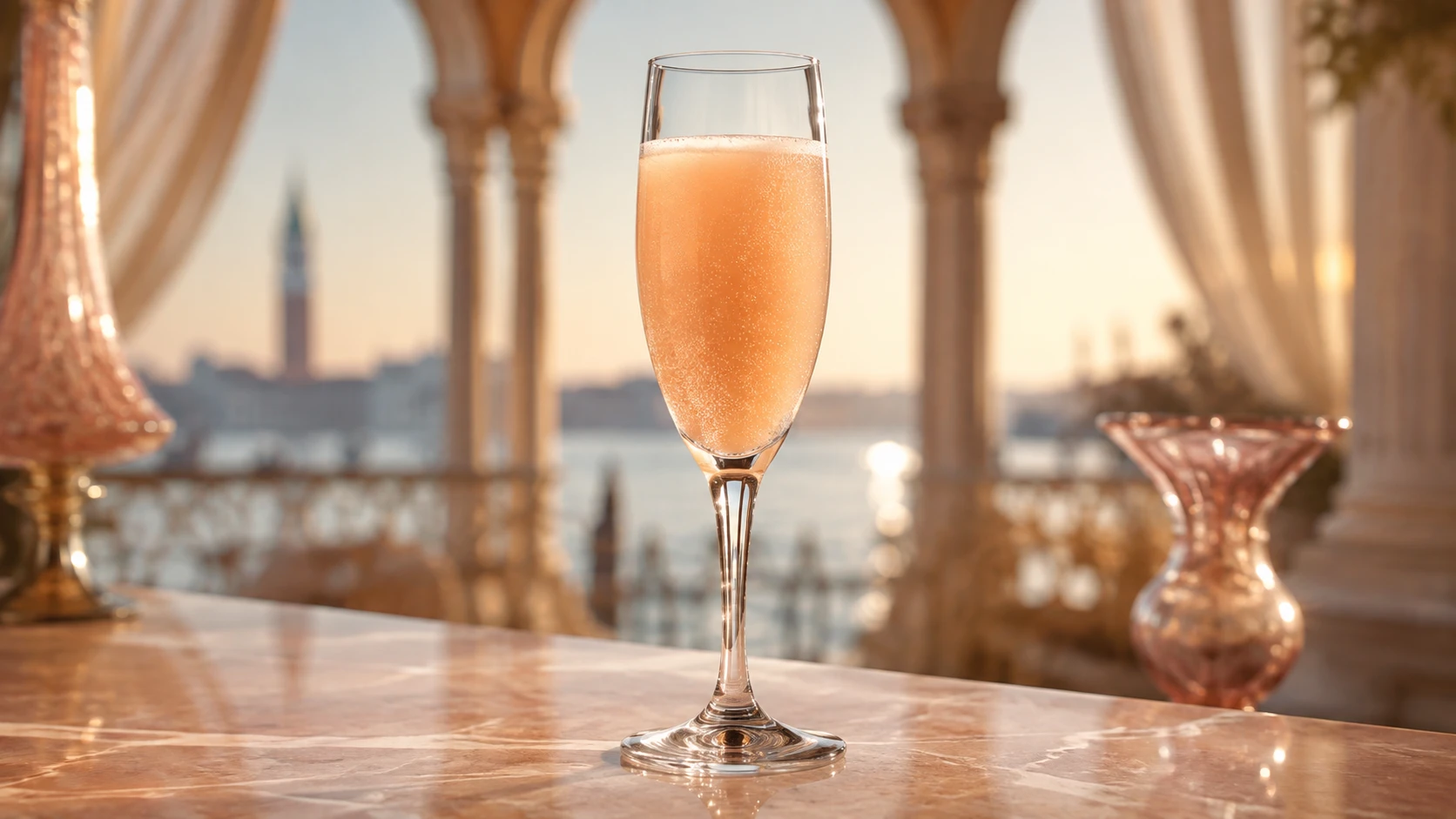 Bellini cocktail nel flûte, prosecco e purea di pesca bianca, colore rosa pesca