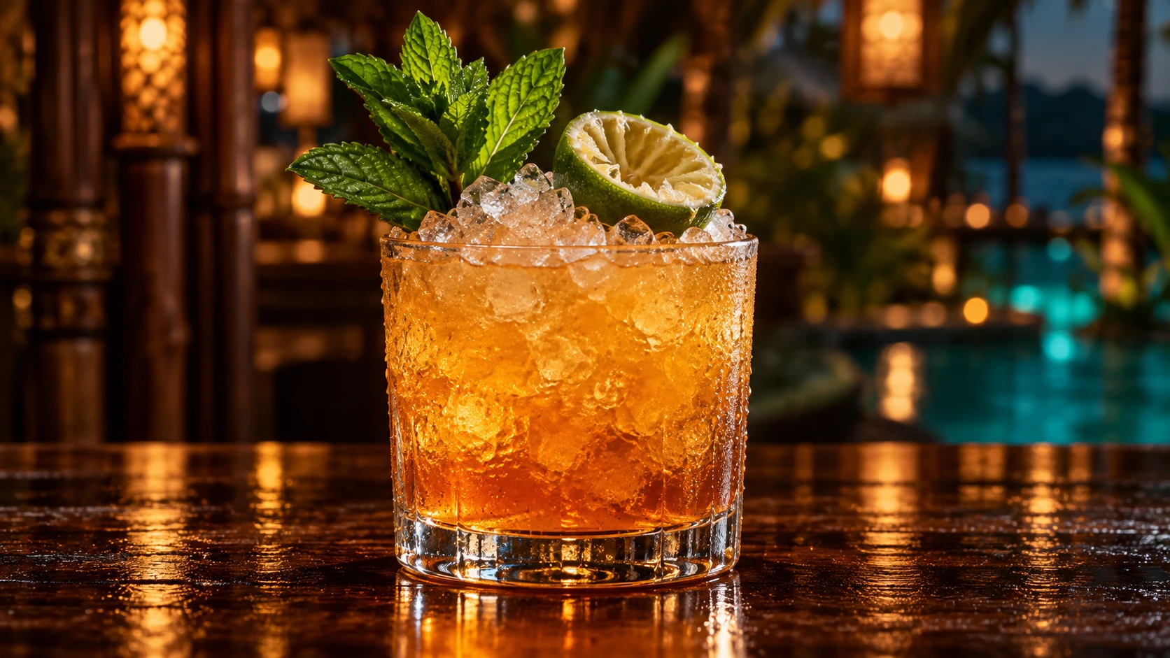 Mai Tai nel tumbler con ghiaccio tritato, ambrato, con rametto di menta e mezzo lime