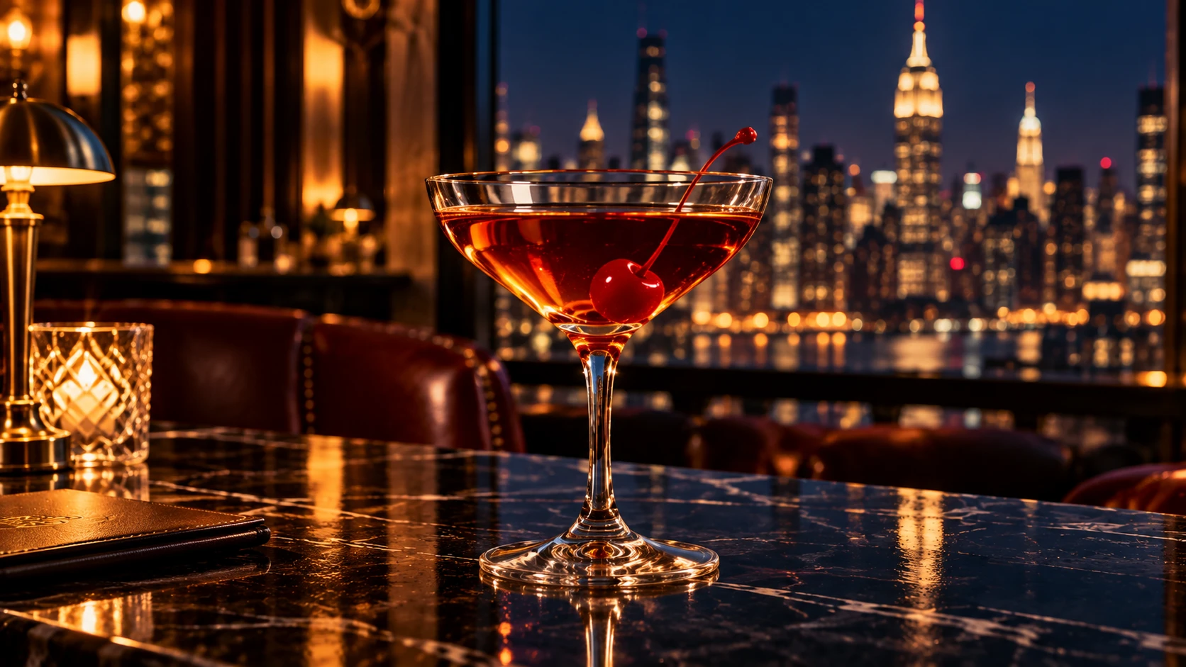 Manhattan cocktail nella coppa Martini, rosso ambrato, con una ciliegia al maraschino
