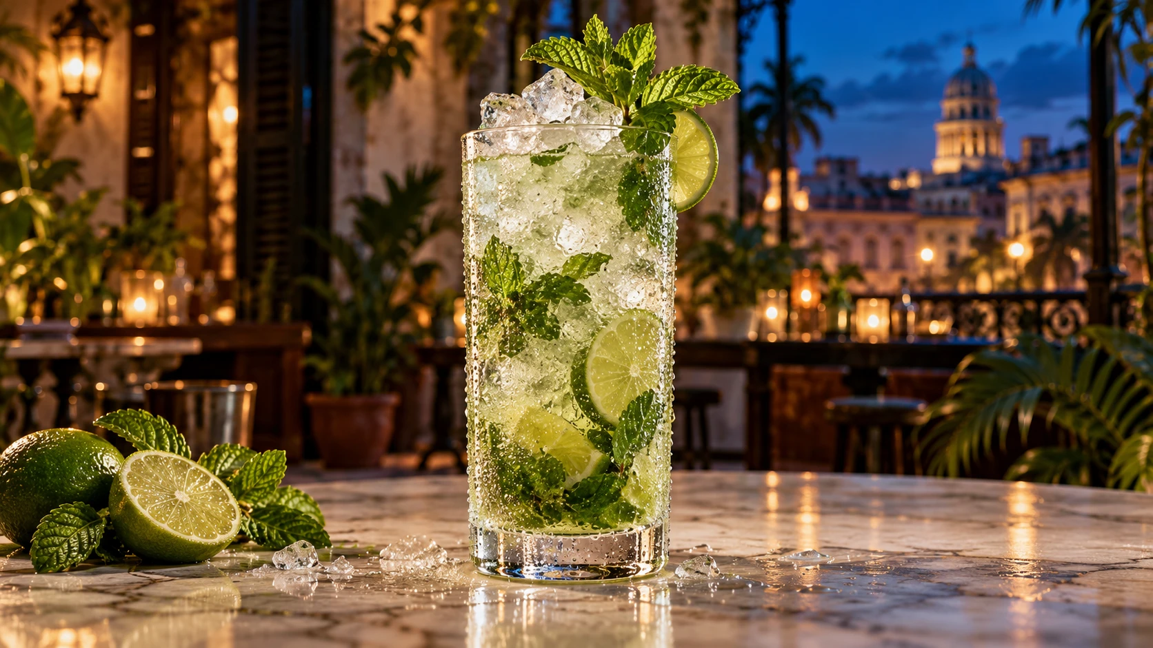 Mojito nel bicchiere alto con ghiaccio tritato, foglie di menta e fetta di lime