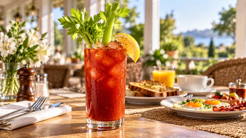 Bloody Mary nel bicchiere alto con ghiaccio, rosso pomodoro, con gambo di sedano e spicchio di limone