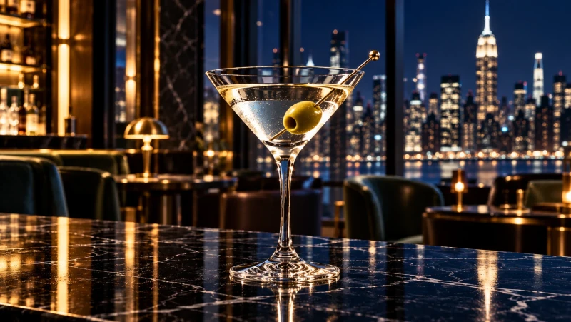 Dry Martini nella coppa Martini, limpido, con un'oliva verde sullo stecchino