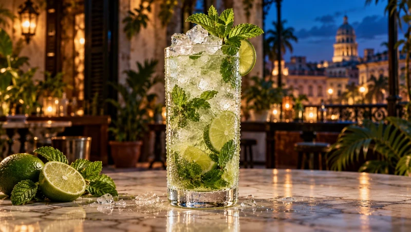 Mojito nel bicchiere alto con ghiaccio tritato, foglie di menta e fetta di lime