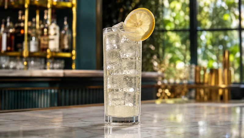 Tom Collins cocktail nel bicchiere alto, colore chiaro e frizzante, con fetta di limone