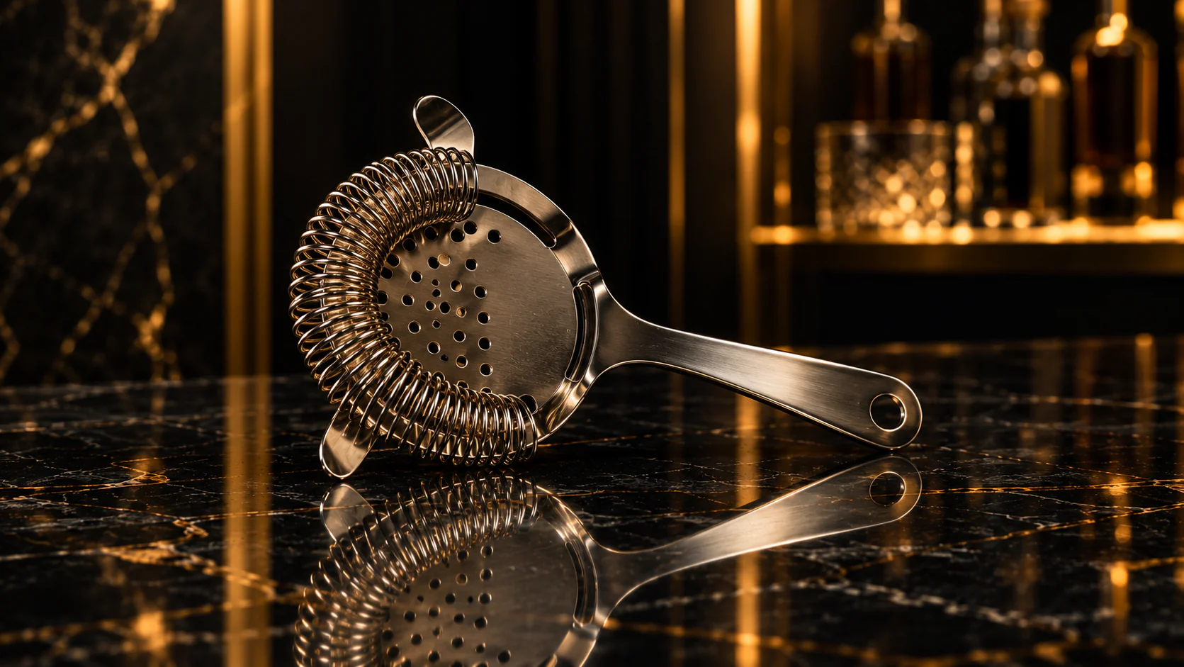 Strainer Hawthorne in acciaio con la molla e il disco forato, su un bancone di marmo nero